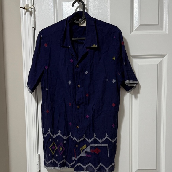 Men's Dark Blue Patterned Button Shortsleeved Down Shirt - Picture 1 of 7